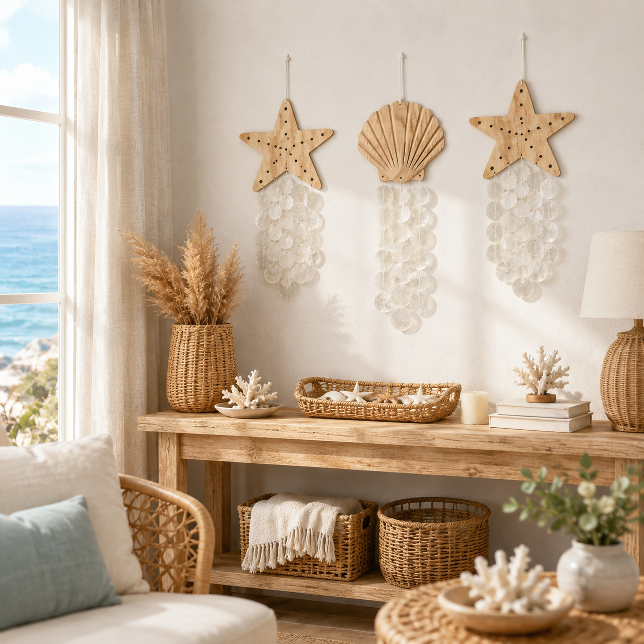 Coastal Acrylic Wind Chime Hanging Decor 🐚 – Wooden Sea Animal Wall Ornament