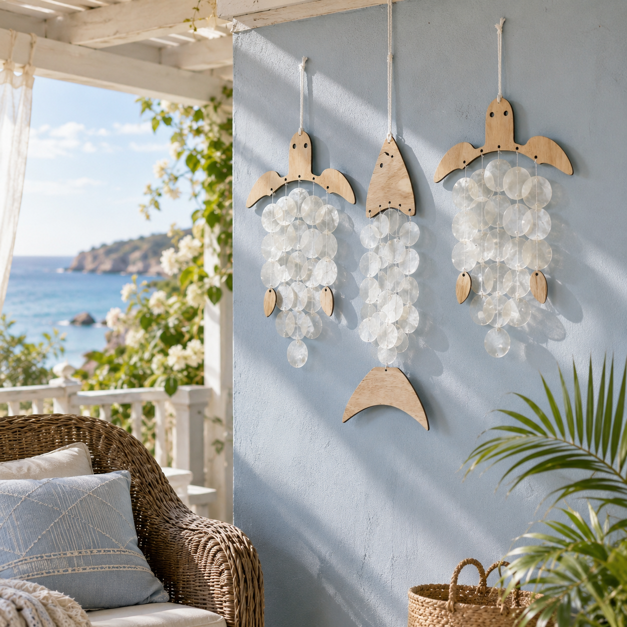 Coastal Acrylic Wind Chime Hanging Decor 🐚 – Wooden Sea Animal Wall Ornament