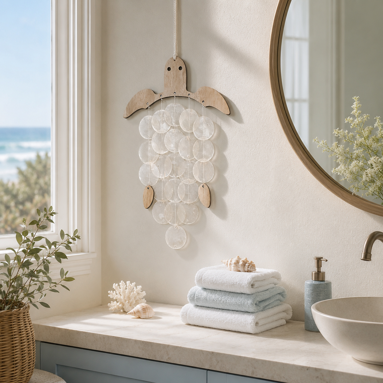 Coastal Acrylic Wind Chime Hanging Decor 🐚 – Wooden Sea Animal Wall Ornament
