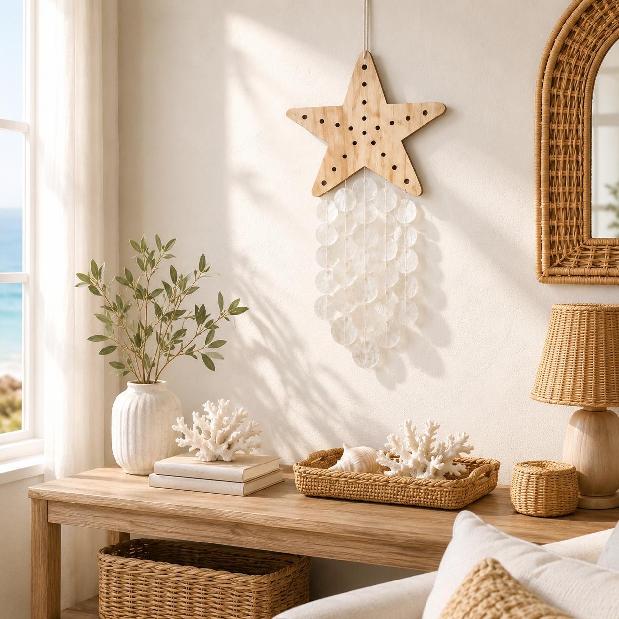 Coastal Acrylic Wind Chime Hanging Decor 🐚 – Wooden Sea Animal Wall Ornament
