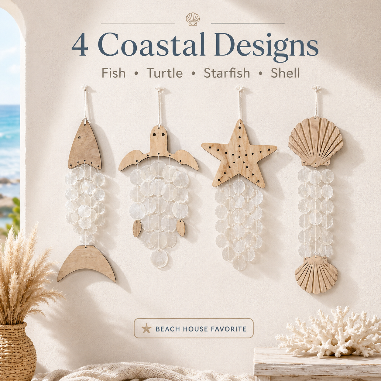 Coastal Acrylic Wind Chime Hanging Decor 🐚 – Wooden Sea Animal Wall Ornament