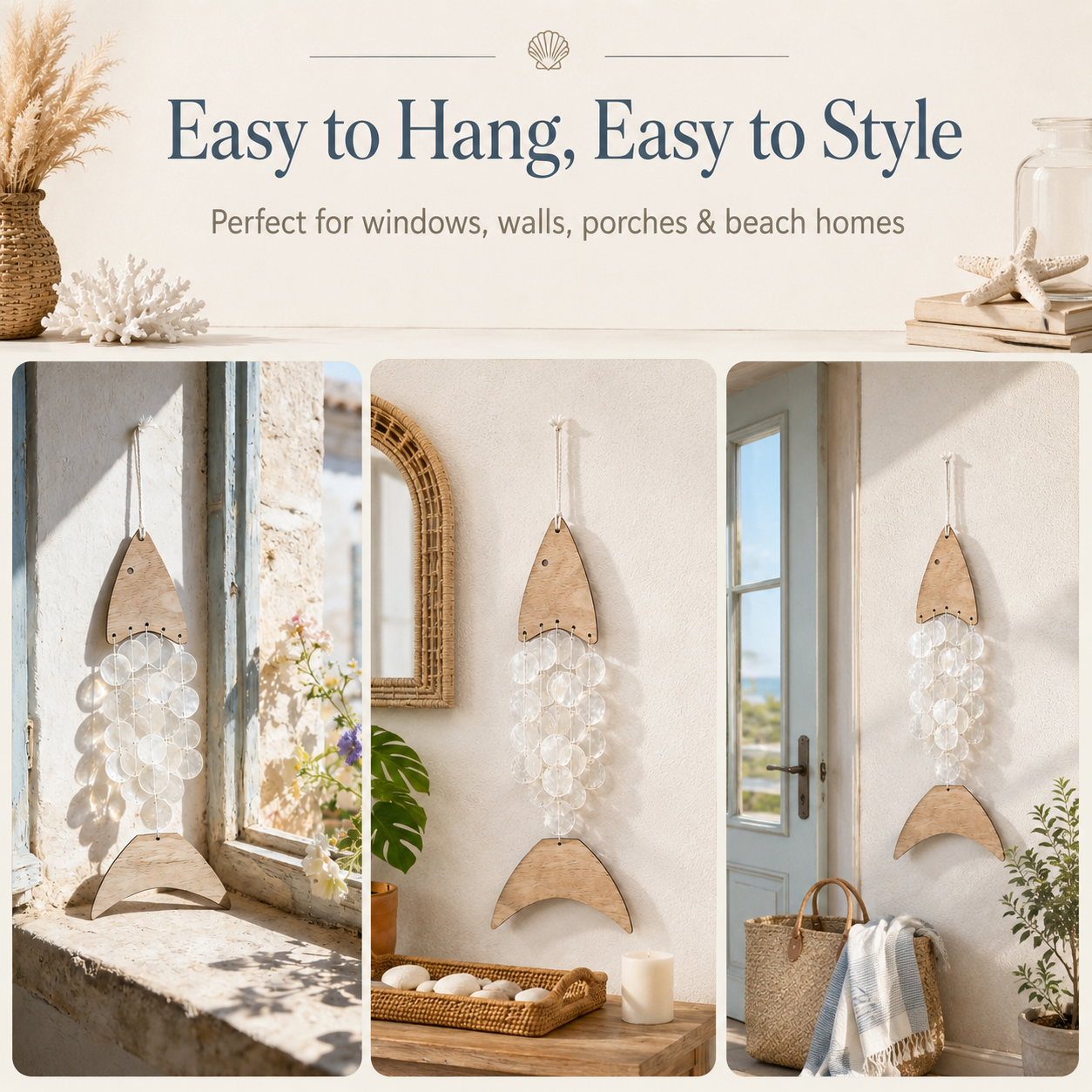 Coastal Acrylic Wind Chime Hanging Decor 🐚 – Wooden Sea Animal Wall Ornament