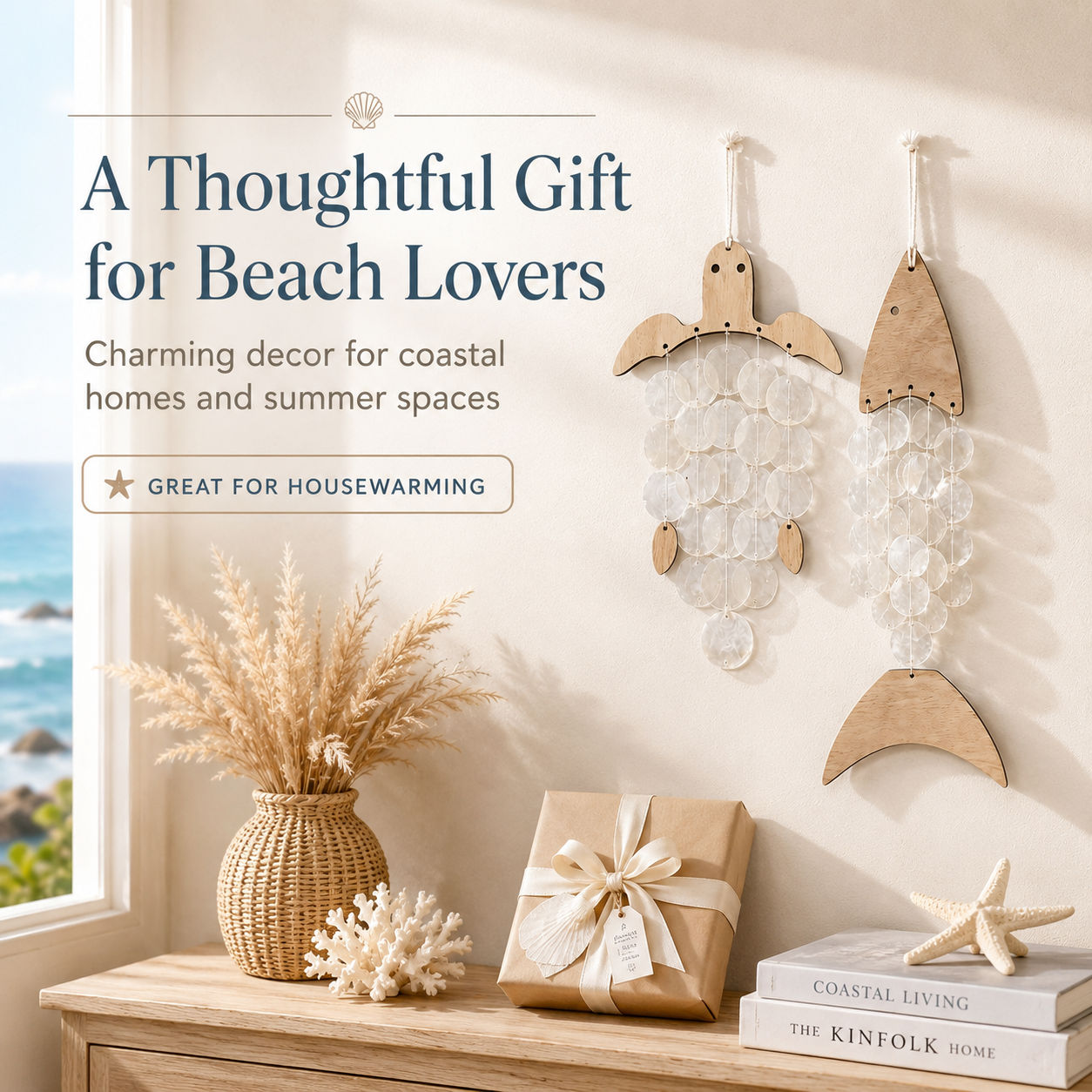 Coastal Acrylic Wind Chime Hanging Decor 🐚 – Wooden Sea Animal Wall Ornament