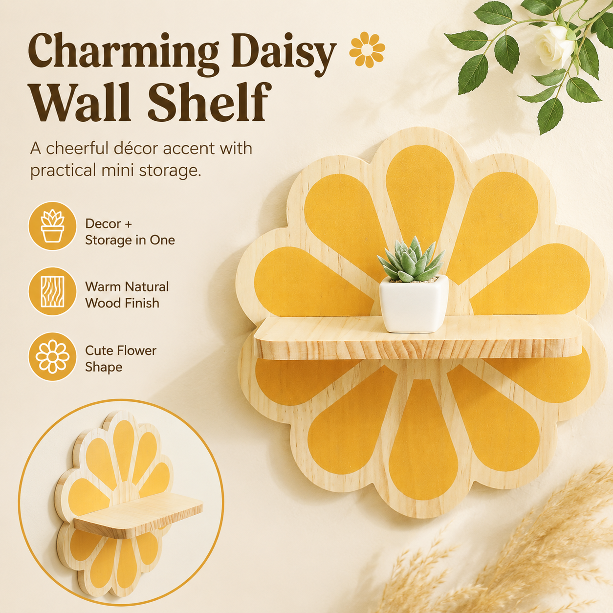 Wooden Daisy Wall Shelf – Cute Flower Wall Mounted Storage Rack