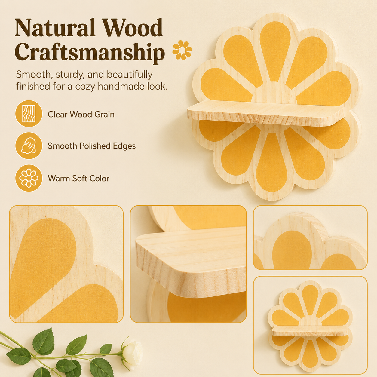 Wooden Daisy Wall Shelf – Cute Flower Wall Mounted Storage Rack