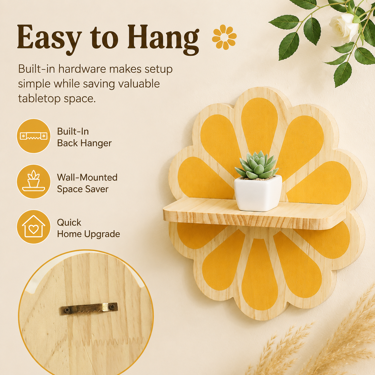 Wooden Daisy Wall Shelf – Cute Flower Wall Mounted Storage Rack