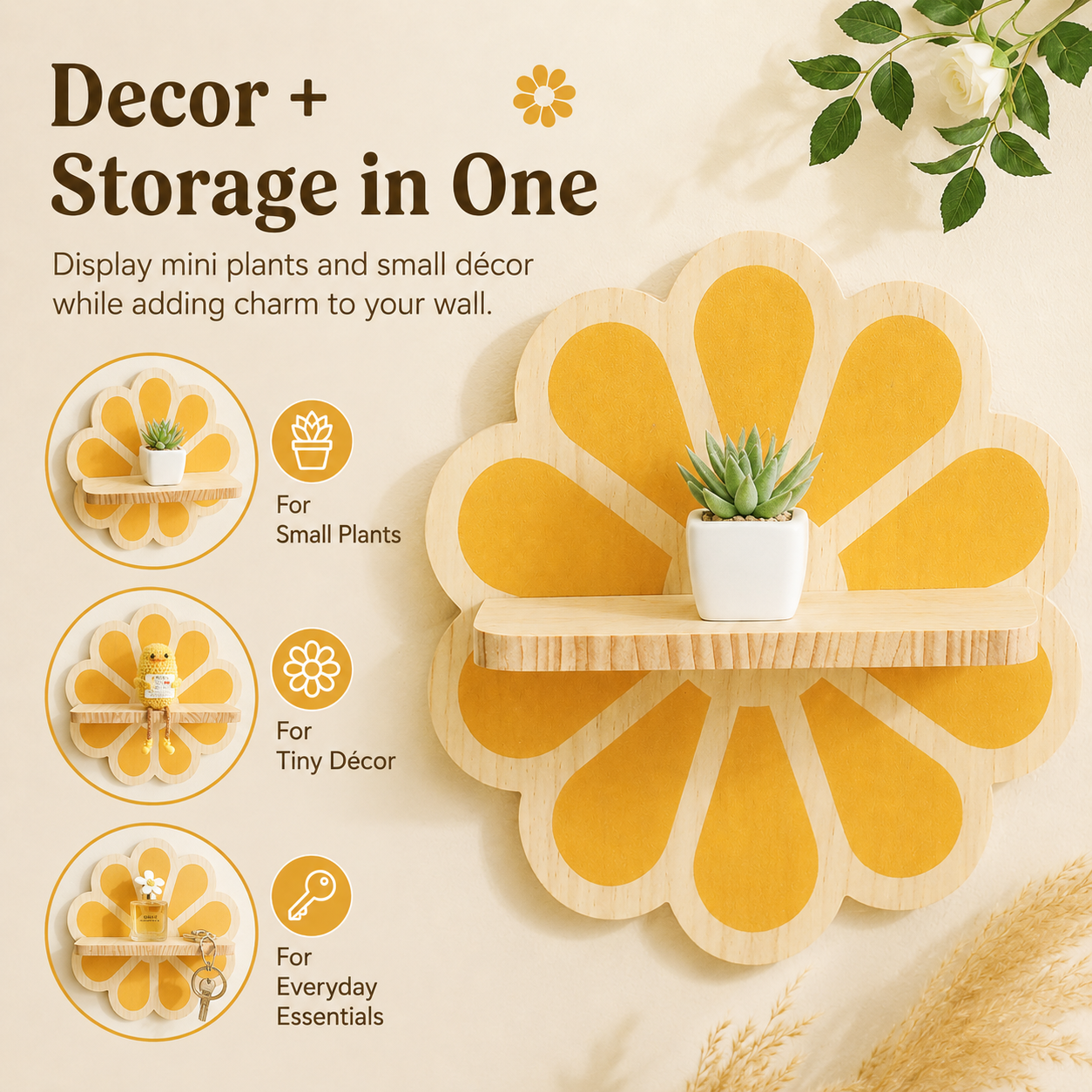 Wooden Daisy Wall Shelf – Cute Flower Wall Mounted Storage Rack