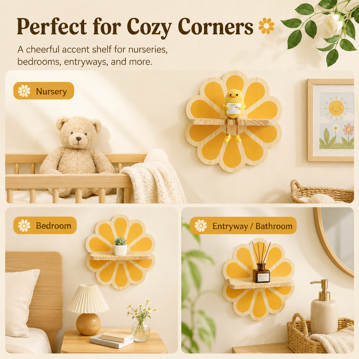 Wooden Daisy Wall Shelf – Cute Flower Wall Mounted Storage Rack