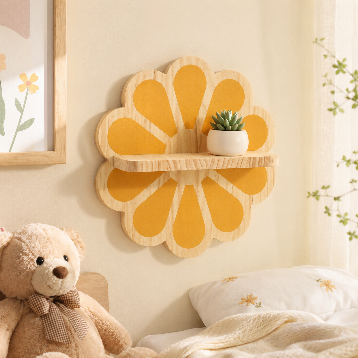 Wooden Daisy Wall Shelf – Cute Flower Wall Mounted Storage Rack