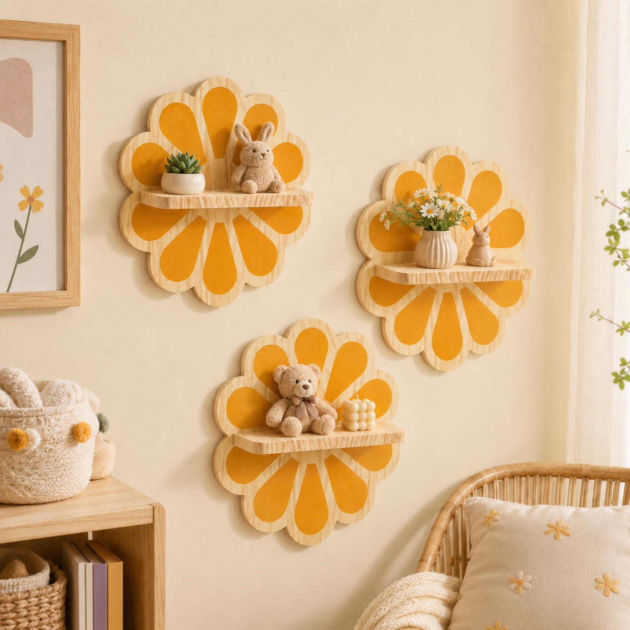 Wooden Daisy Wall Shelf – Cute Flower Wall Mounted Storage Rack