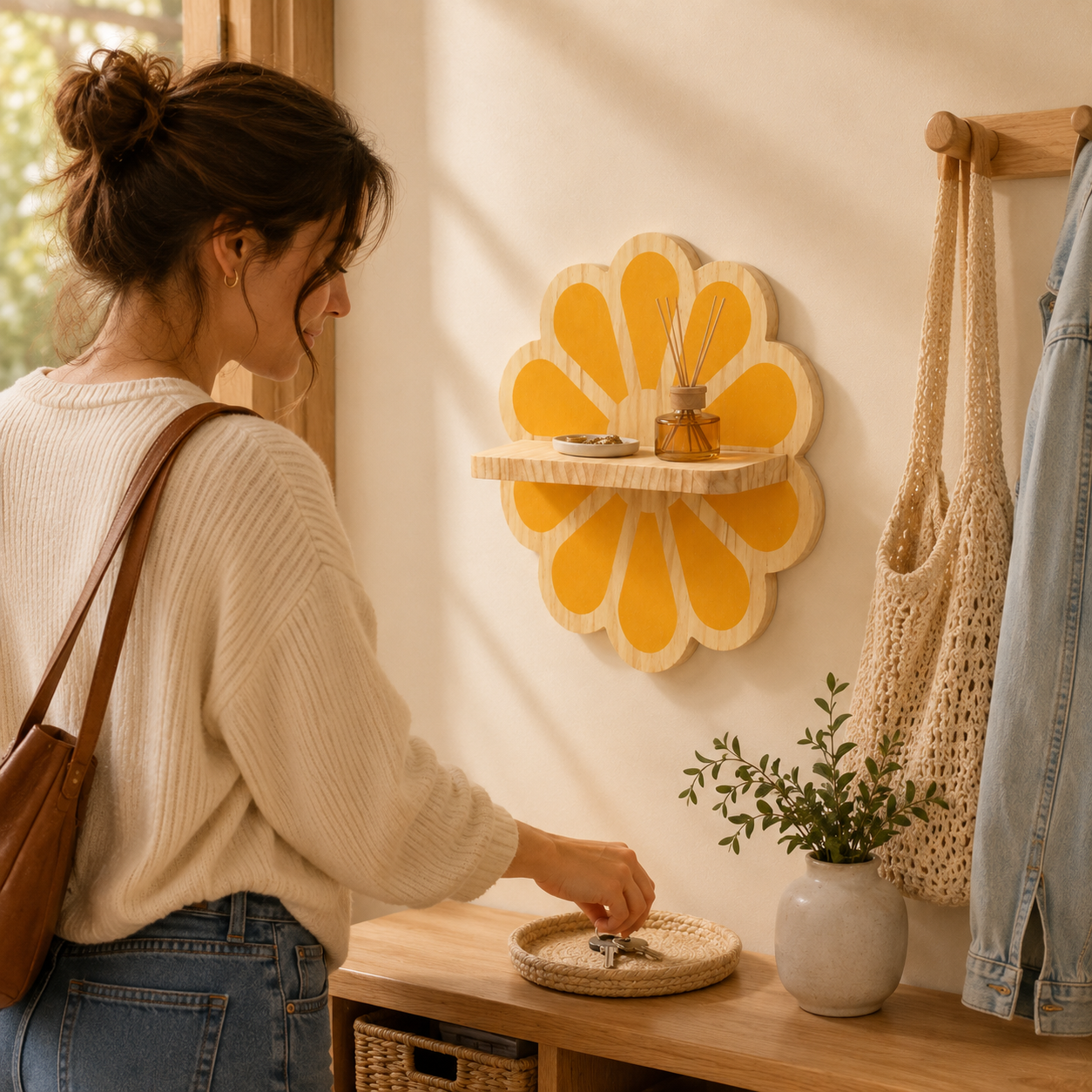 Wooden Daisy Wall Shelf – Cute Flower Wall Mounted Storage Rack