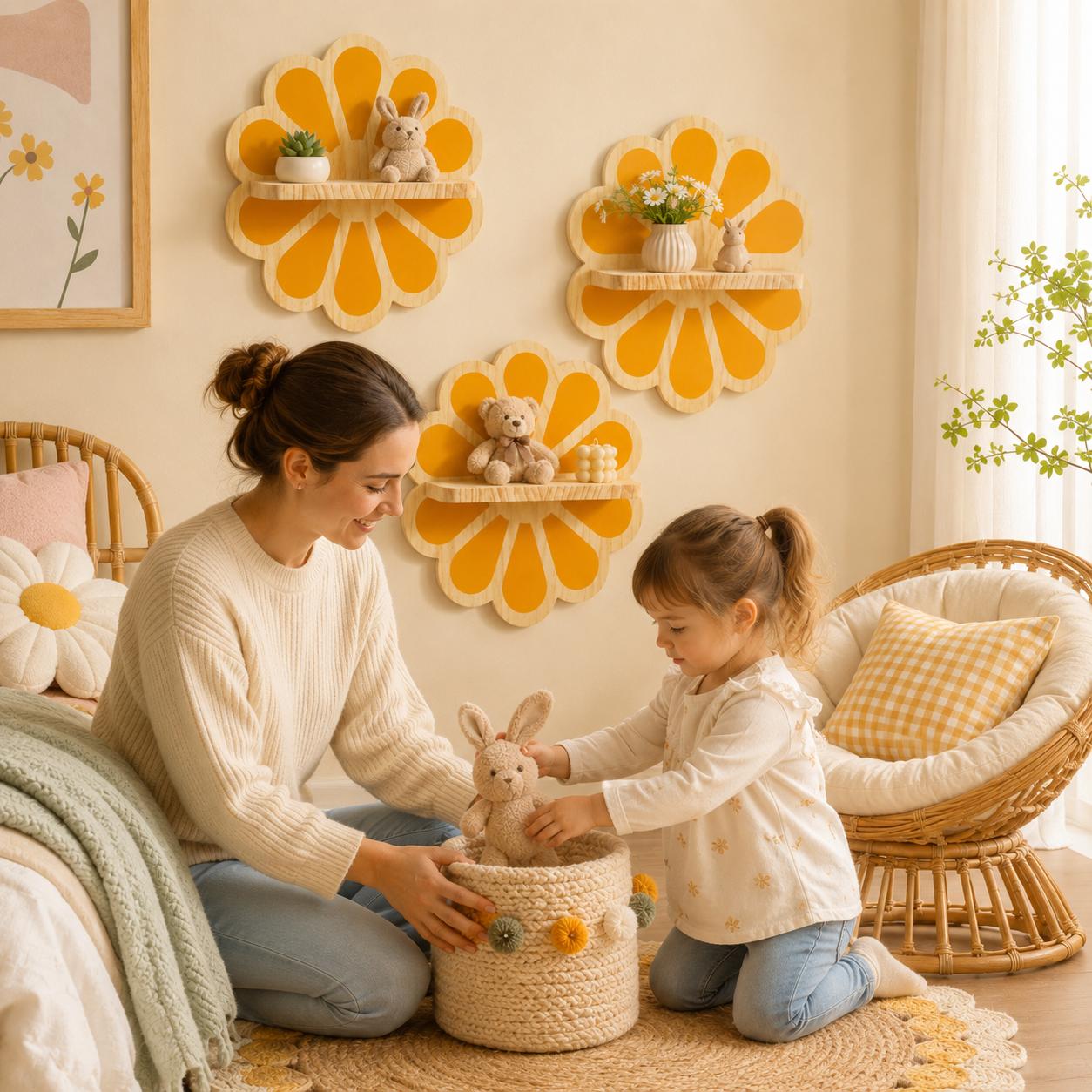 Wooden Daisy Wall Shelf – Cute Flower Wall Mounted Storage Rack