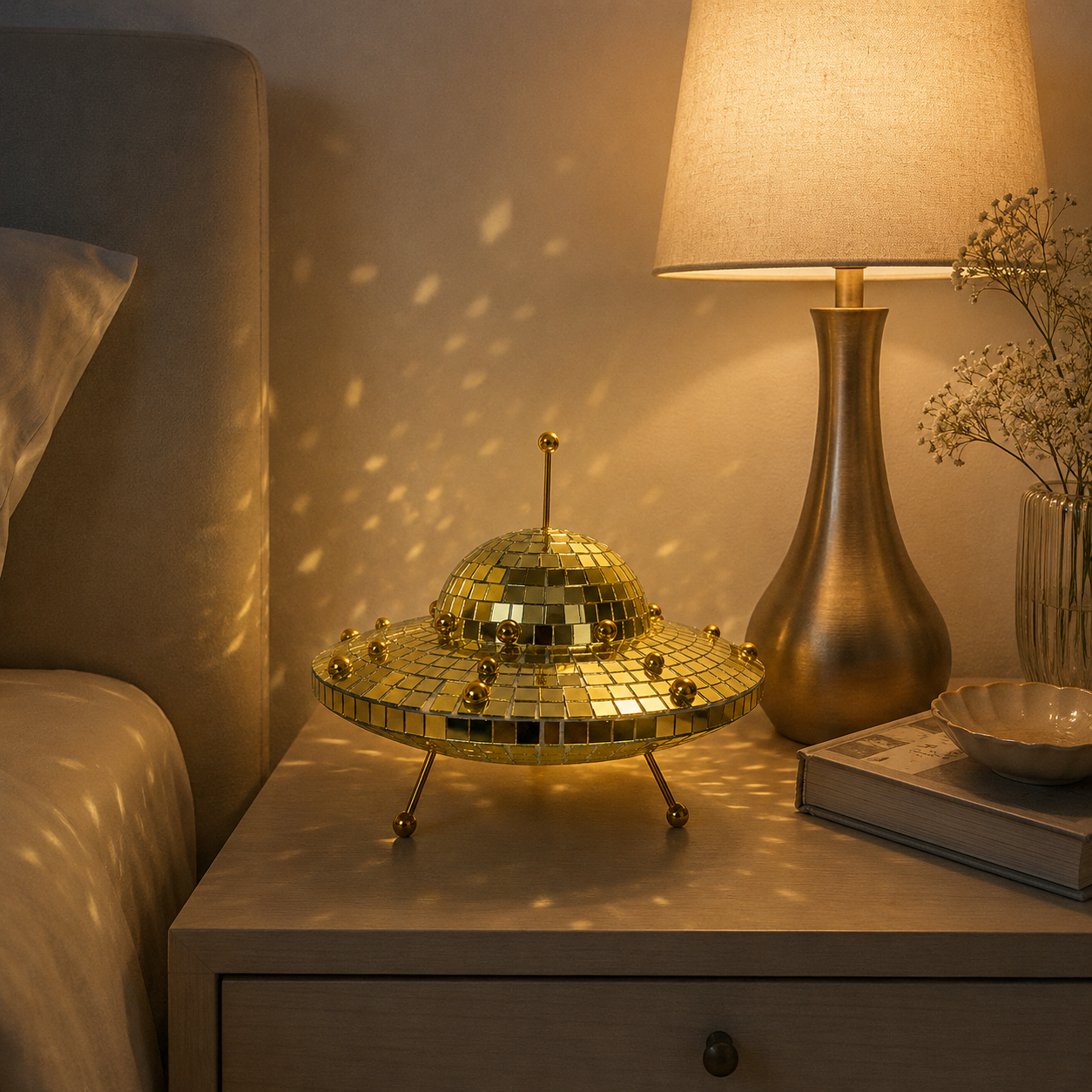 UFO Disco Ball Decor, 8-Inch Mirror Mosaic Spaceship Figurine, Reflective Cosmic Shelf Decor
