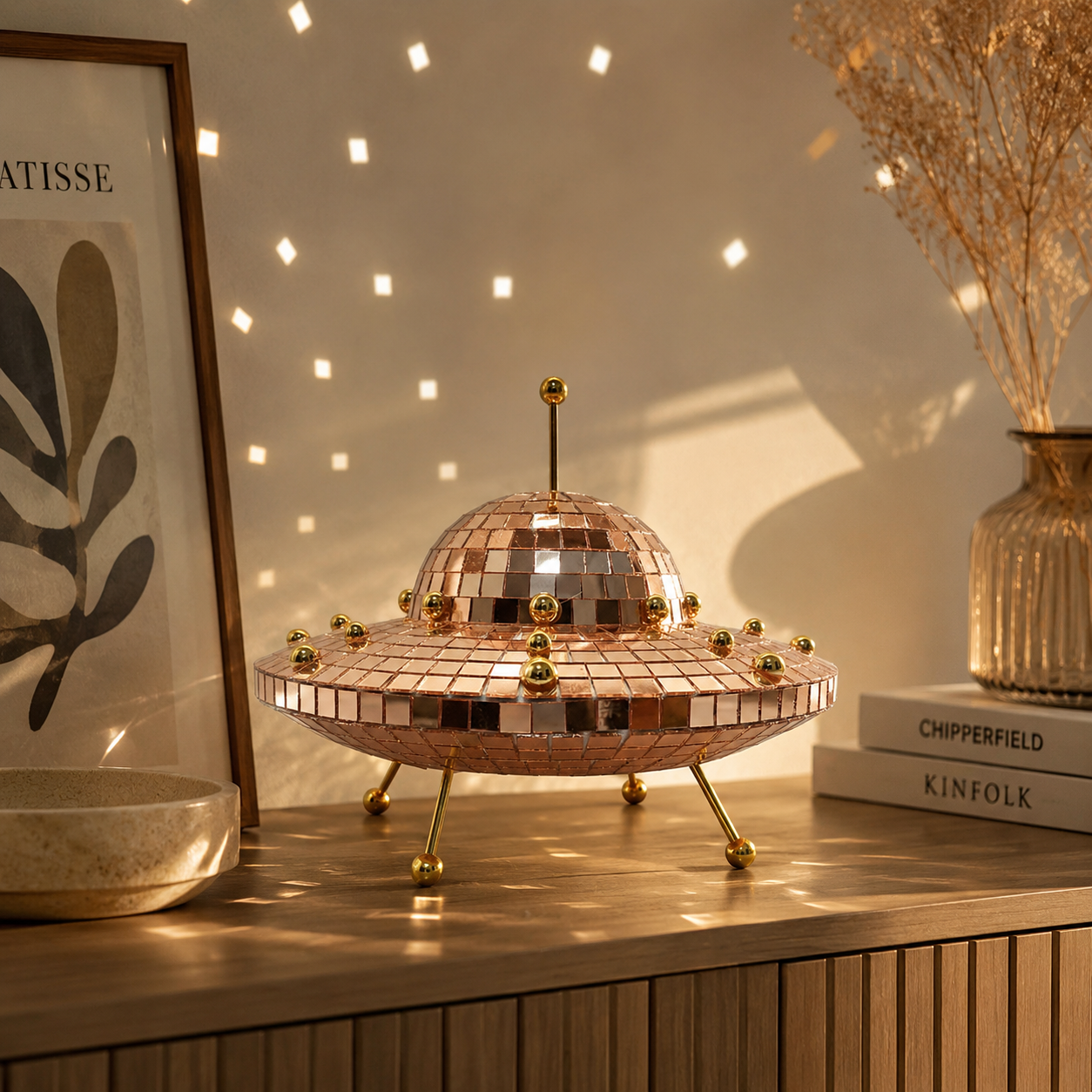 UFO Disco Ball Decor, 8-Inch Mirror Mosaic Spaceship Figurine, Reflective Cosmic Shelf Decor