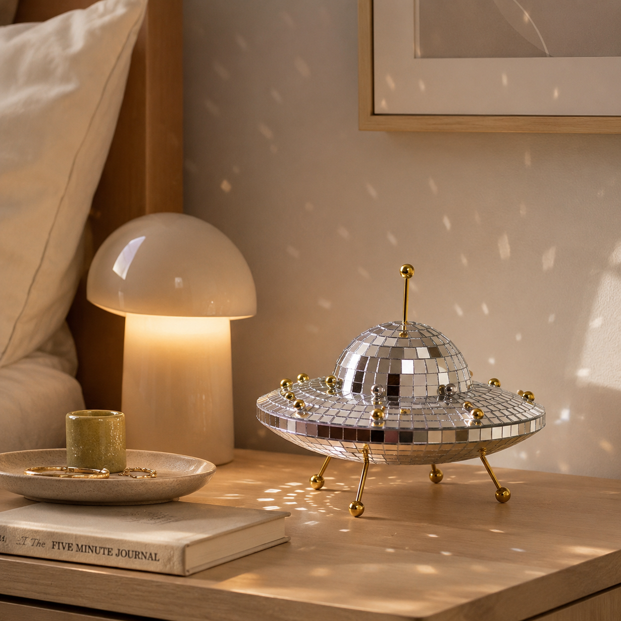 UFO Disco Ball Decor, 8-Inch Mirror Mosaic Spaceship Figurine, Reflective Cosmic Shelf Decor