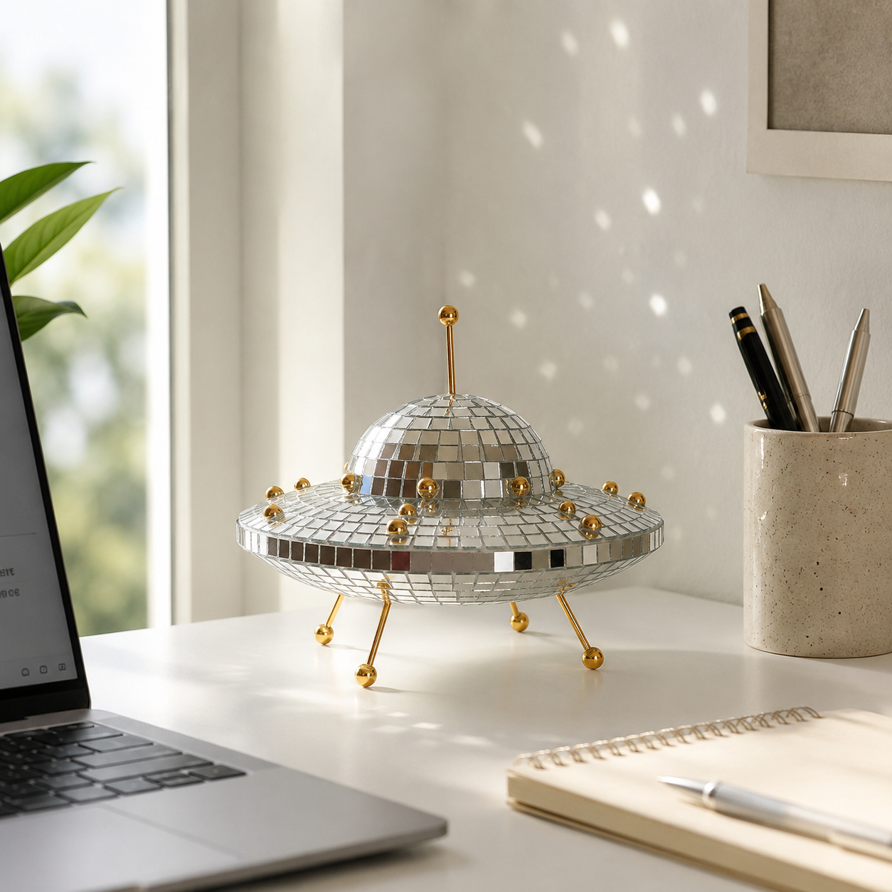 UFO Disco Ball Decor, 8-Inch Mirror Mosaic Spaceship Figurine, Reflective Cosmic Shelf Decor