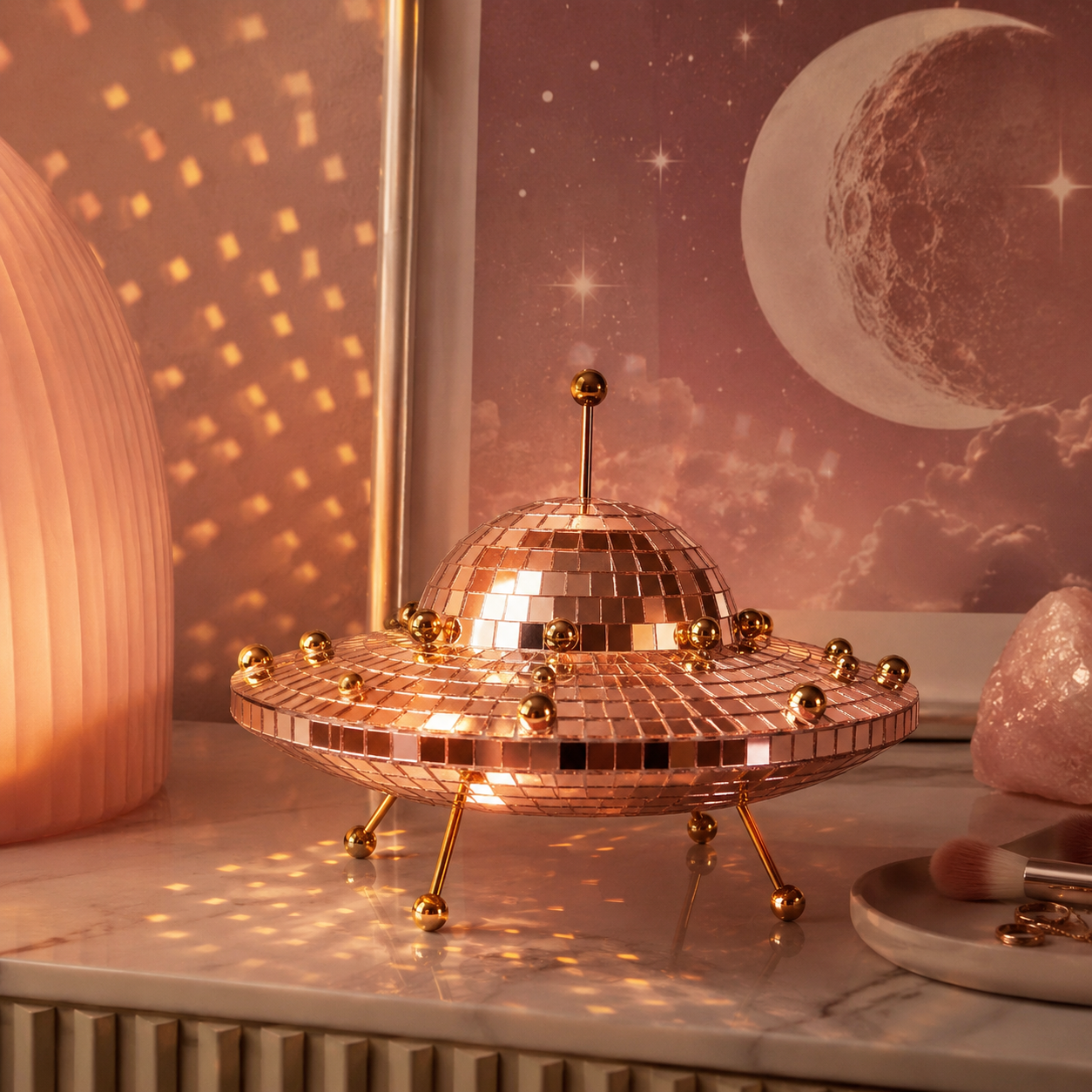 UFO Disco Ball Decor, 8-Inch Mirror Mosaic Spaceship Figurine, Reflective Cosmic Shelf Decor
