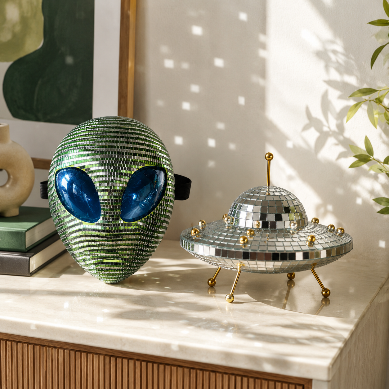 UFO Disco Ball Decor, 8-Inch Mirror Mosaic Spaceship Figurine, Reflective Cosmic Shelf Decor