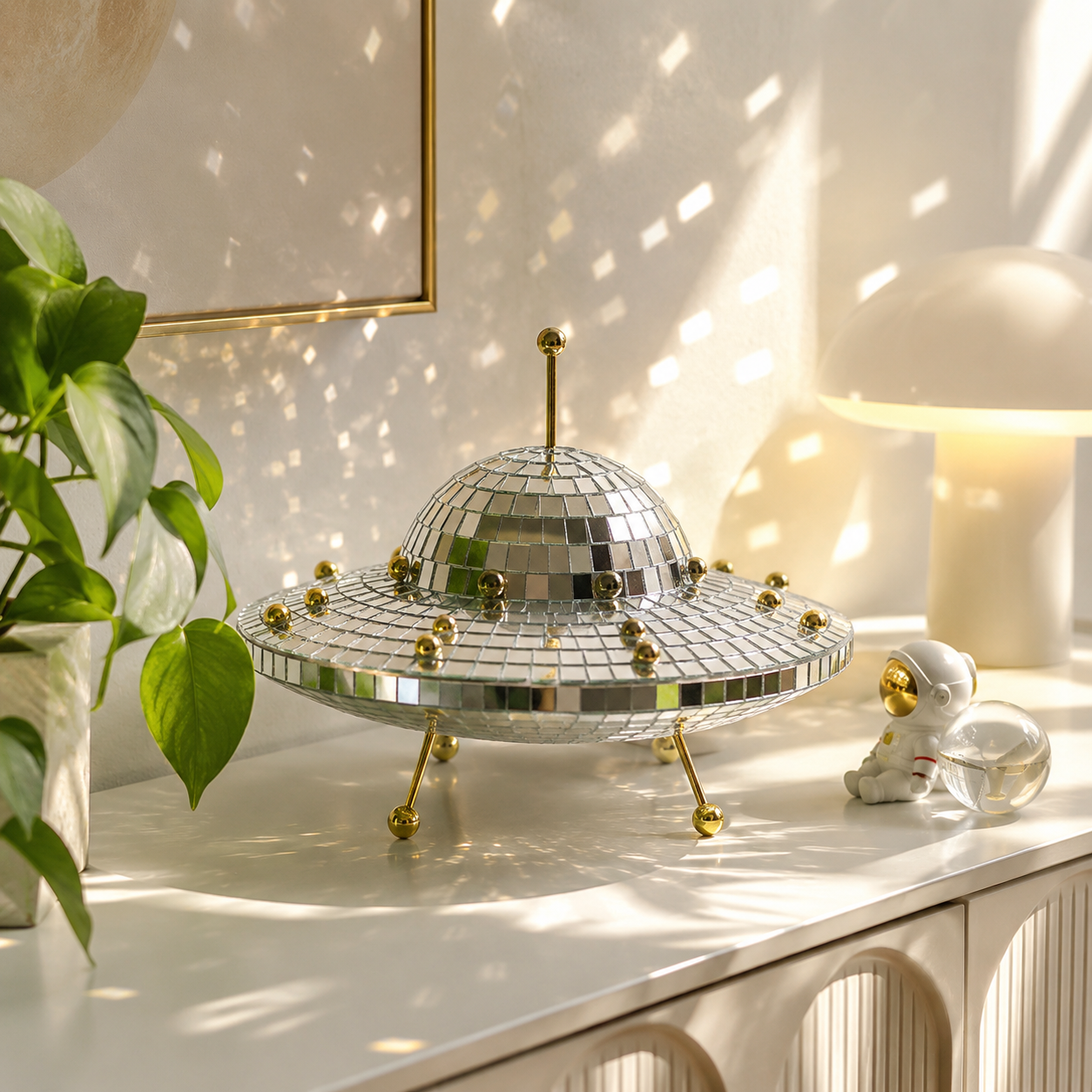 UFO Disco Ball Decor, 8-Inch Mirror Mosaic Spaceship Figurine, Reflective Cosmic Shelf Decor