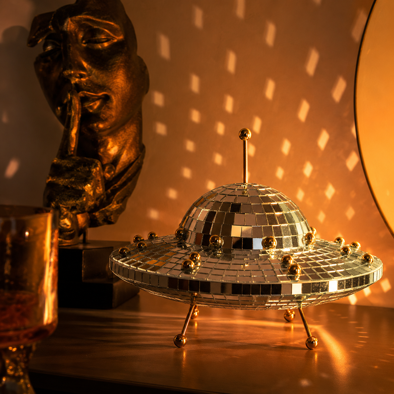 UFO Disco Ball Decor, 8-Inch Mirror Mosaic Spaceship Figurine, Reflective Cosmic Shelf Decor