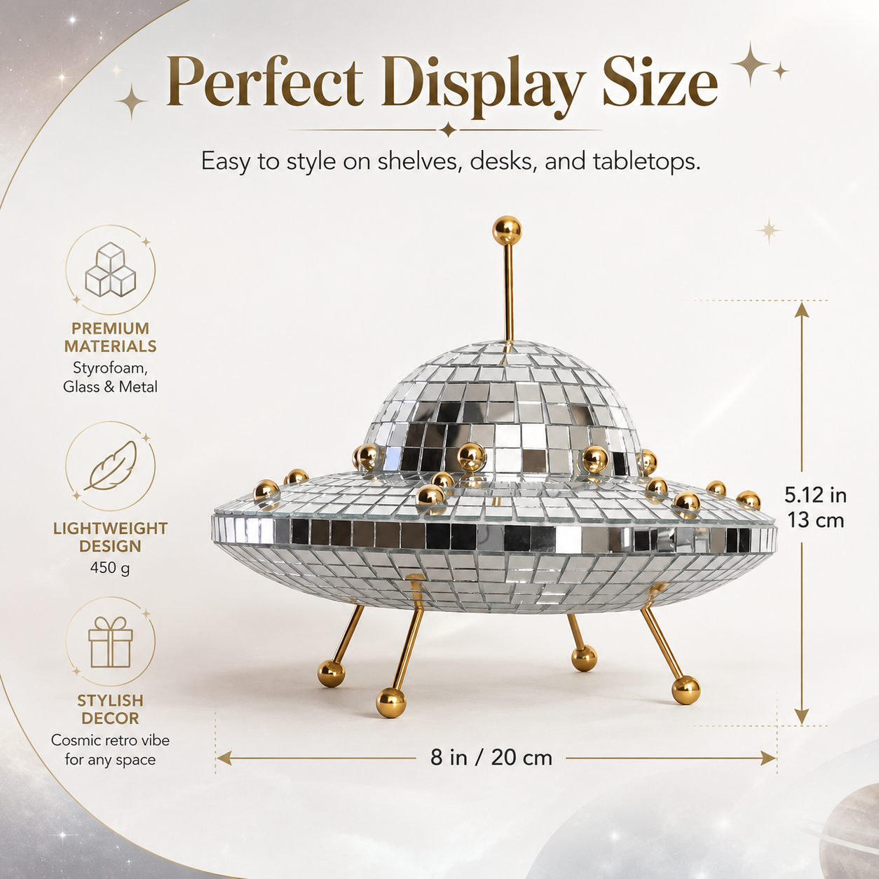 UFO Disco Ball Decor, 8-Inch Mirror Mosaic Spaceship Figurine, Reflective Cosmic Shelf Decor