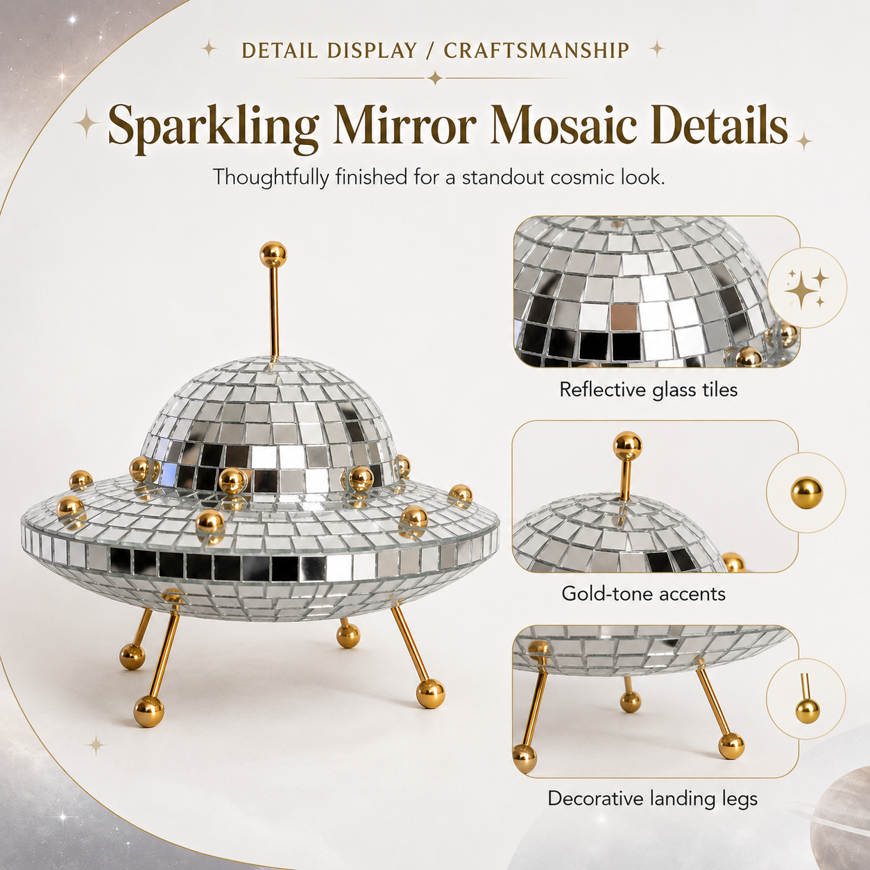 UFO Disco Ball Decor, 8-Inch Mirror Mosaic Spaceship Figurine, Reflective Cosmic Shelf Decor