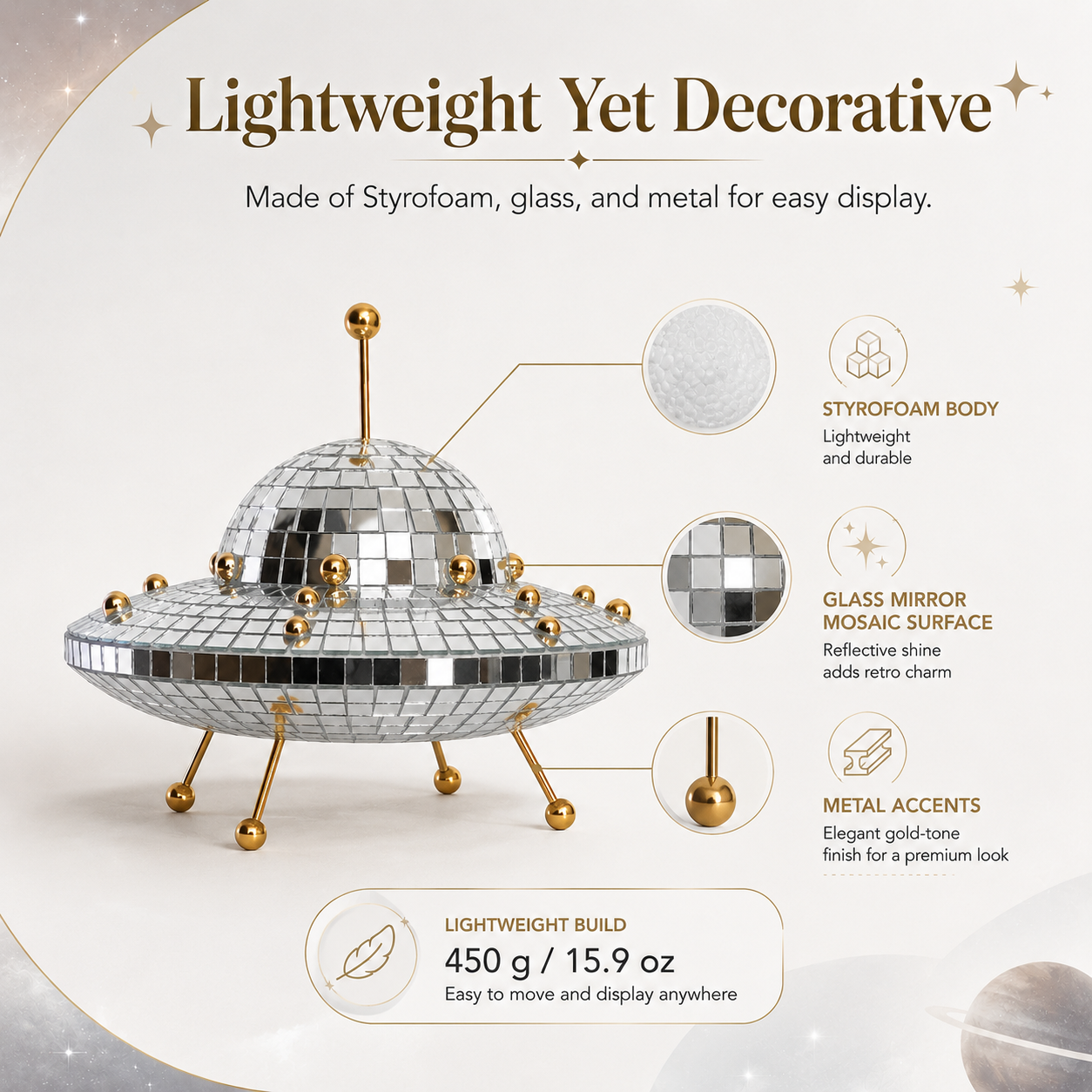 UFO Disco Ball Decor, 8-Inch Mirror Mosaic Spaceship Figurine, Reflective Cosmic Shelf Decor