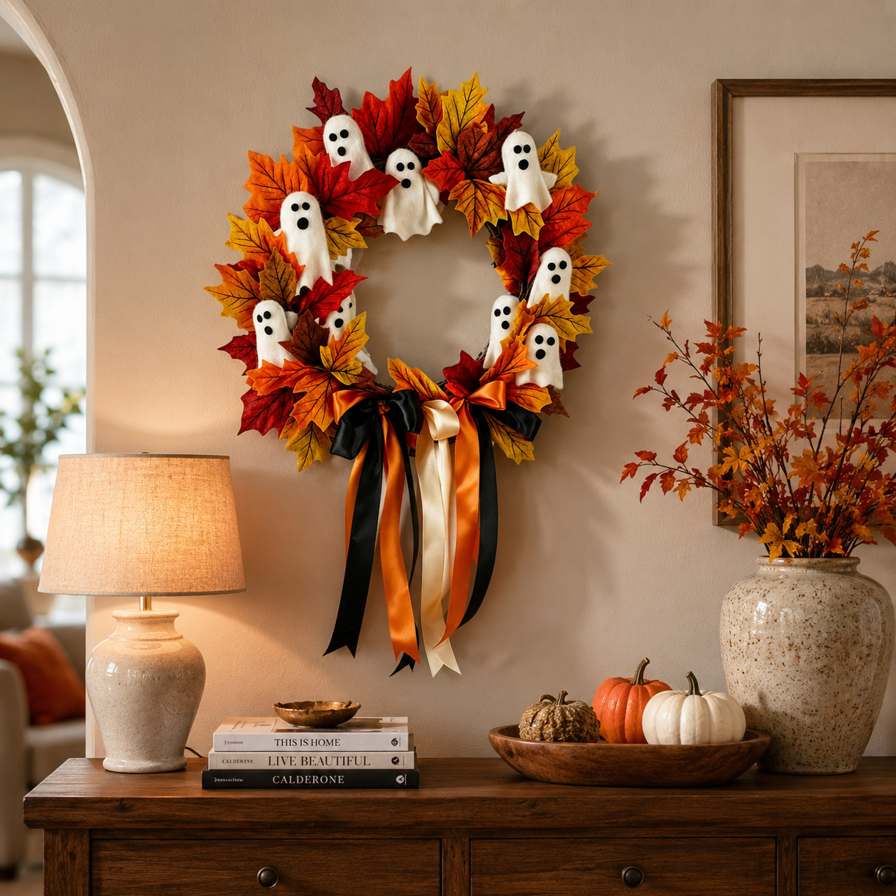 Halloween Ghost Fall Wreath, 15.7 Inch Maple Leaf Door Decor 👻🍁