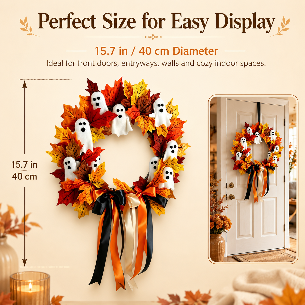 Halloween Ghost Fall Wreath, 15.7 Inch Maple Leaf Door Decor 👻🍁