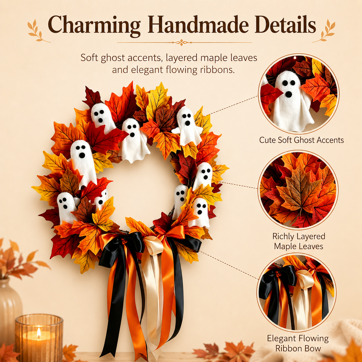 Halloween Ghost Fall Wreath, 15.7 Inch Maple Leaf Door Decor 👻🍁