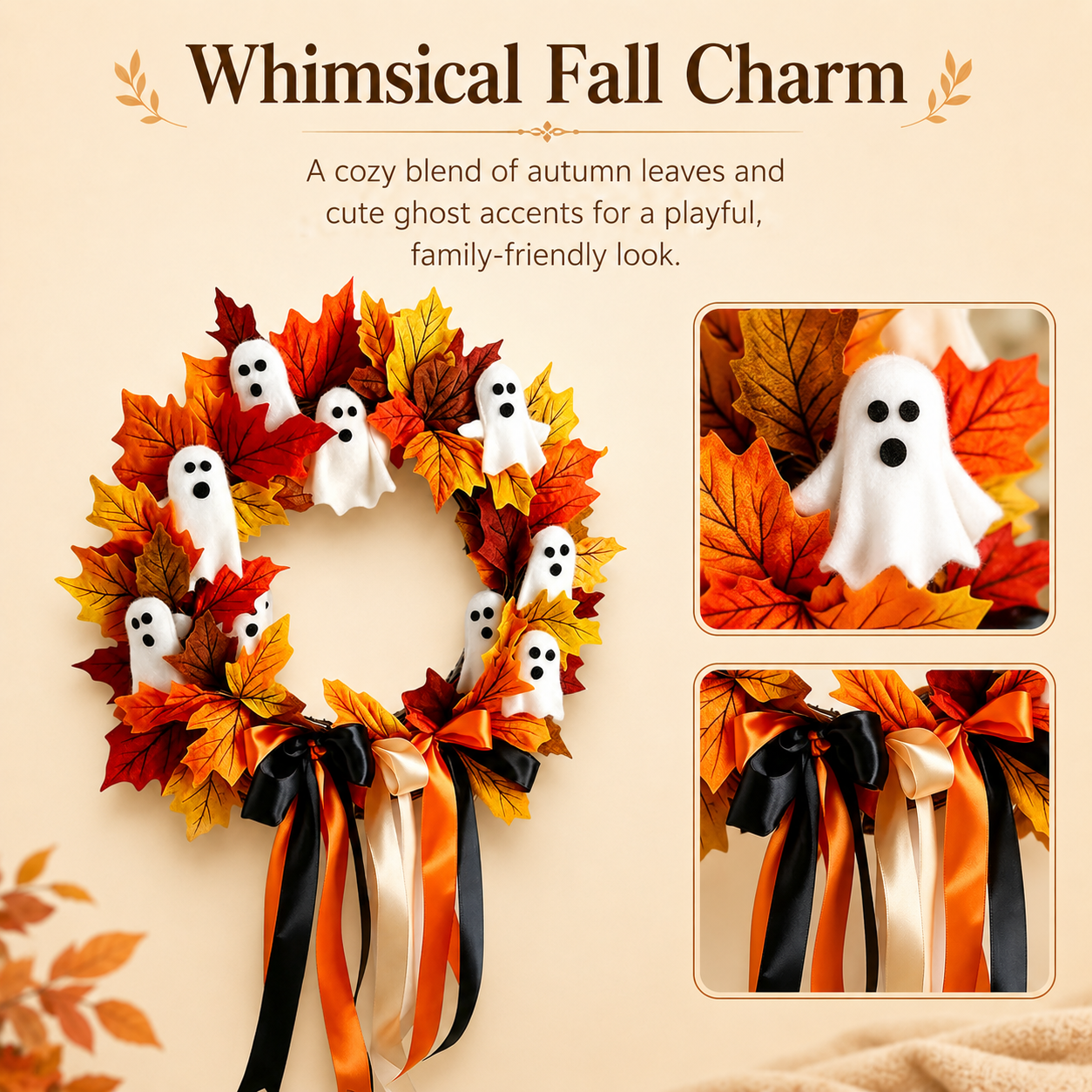 Halloween Ghost Fall Wreath, 15.7 Inch Maple Leaf Door Decor 👻🍁