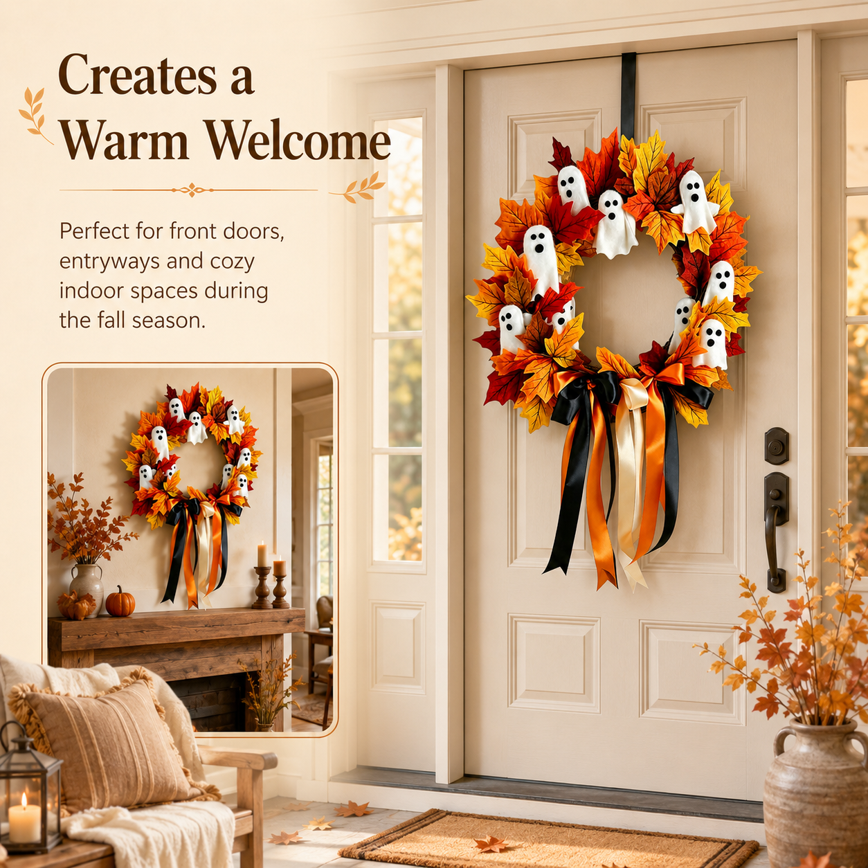 Halloween Ghost Fall Wreath, 15.7 Inch Maple Leaf Door Decor 👻🍁
