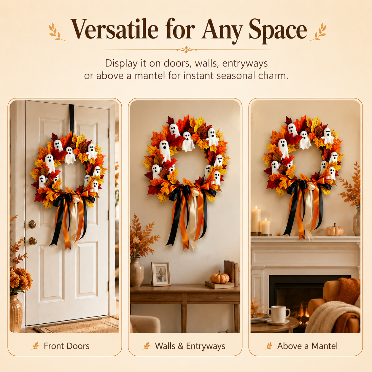 Halloween Ghost Fall Wreath, 15.7 Inch Maple Leaf Door Decor 👻🍁