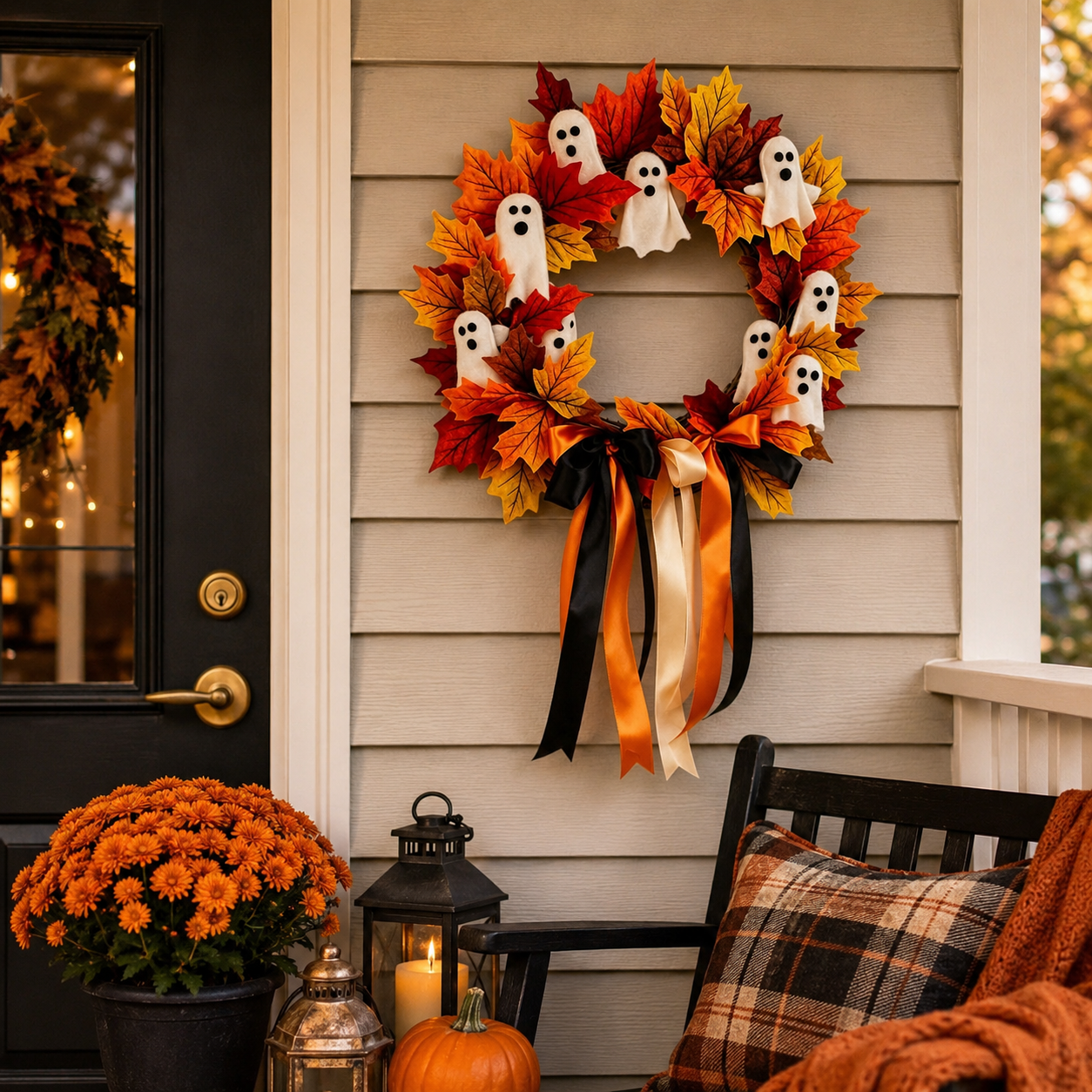 Halloween Ghost Fall Wreath, 15.7 Inch Maple Leaf Door Decor 👻🍁