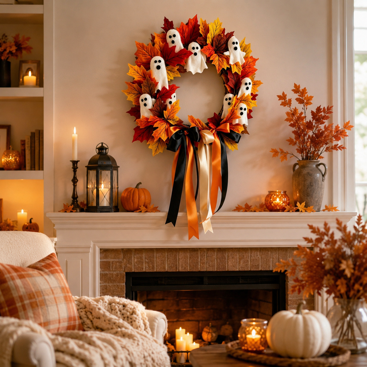 Halloween Ghost Fall Wreath, 15.7 Inch Maple Leaf Door Decor 👻🍁