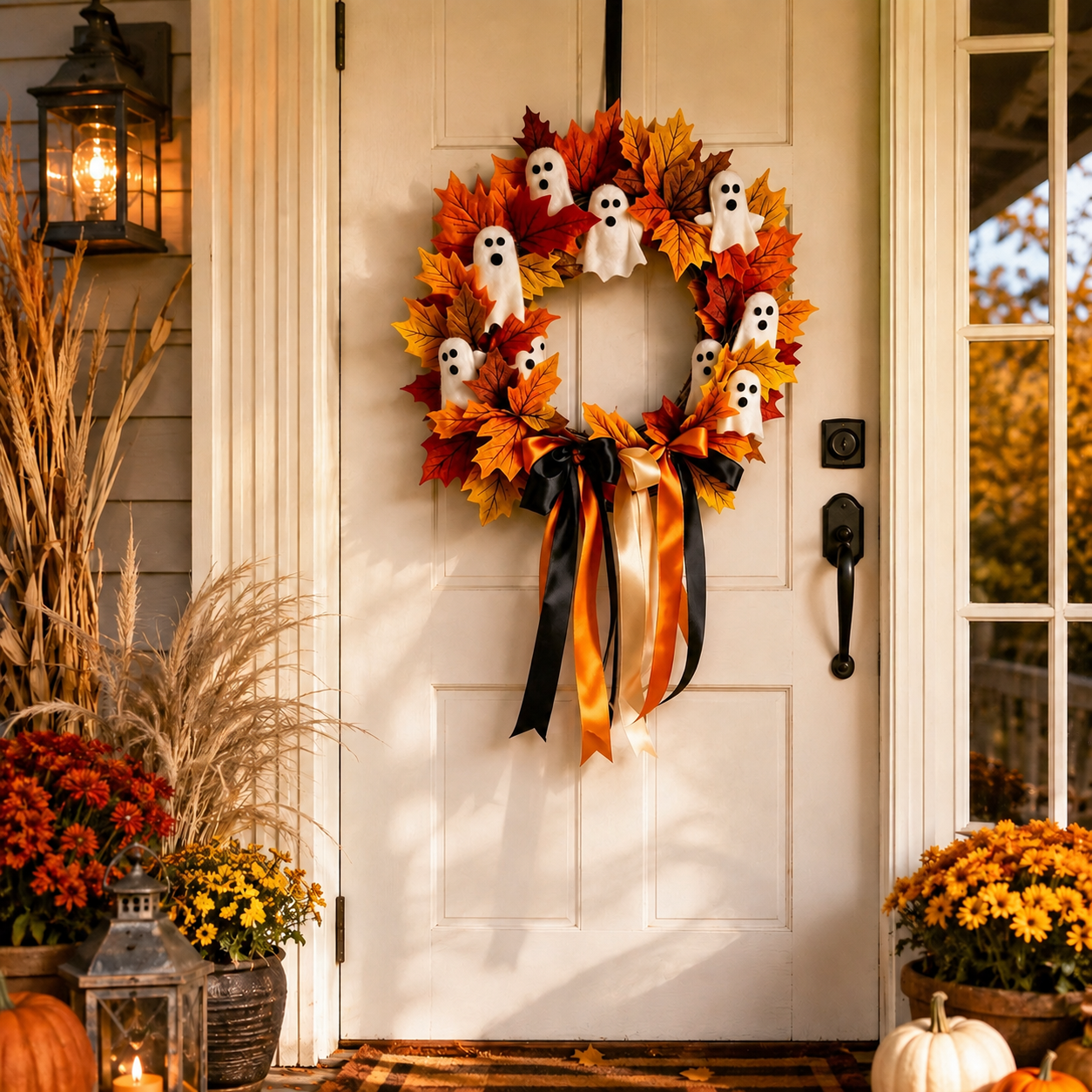 Halloween Ghost Fall Wreath, 15.7 Inch Maple Leaf Door Decor 👻🍁