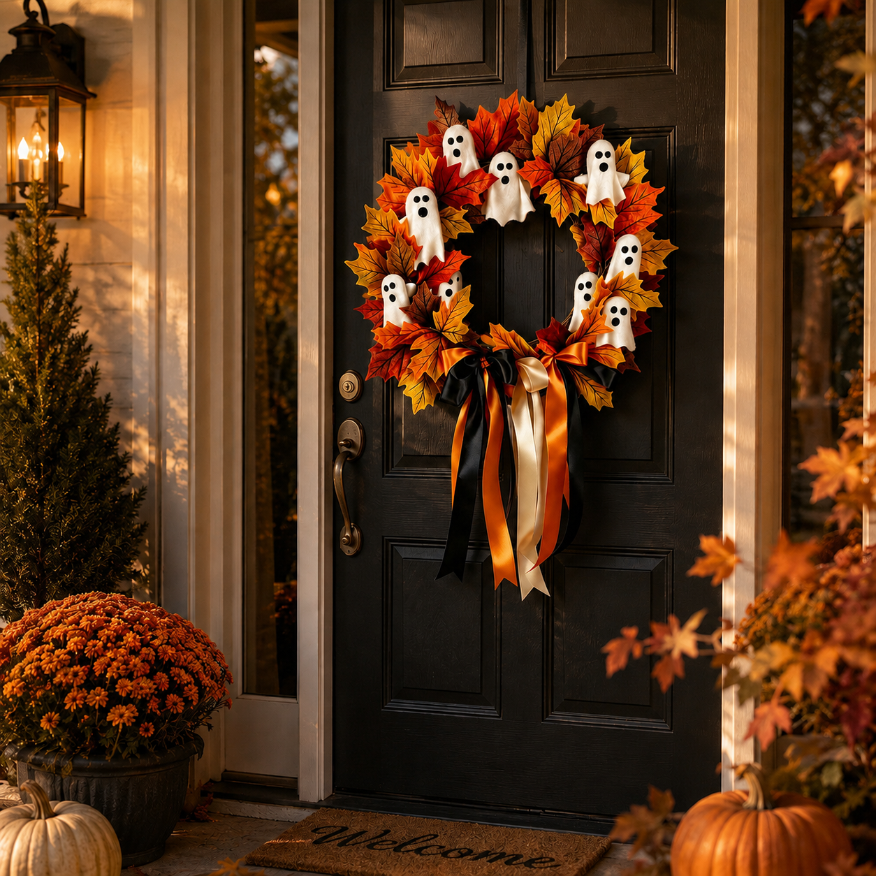 Halloween Ghost Fall Wreath, 15.7 Inch Maple Leaf Door Decor 👻🍁
