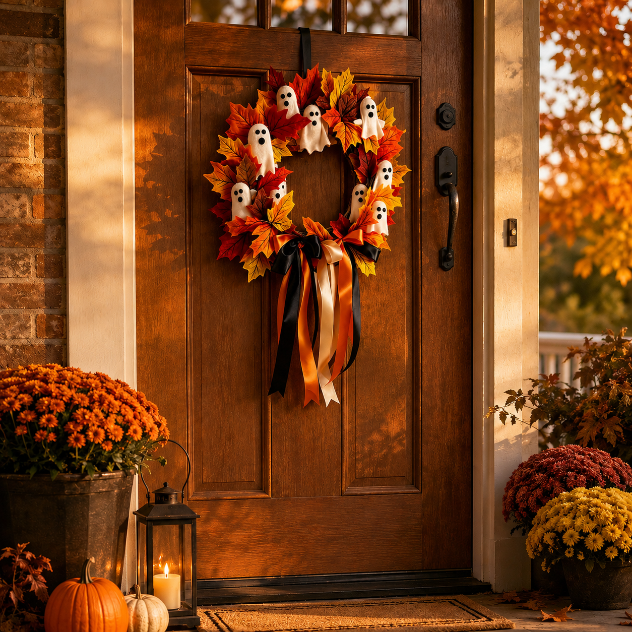Halloween Ghost Fall Wreath, 15.7 Inch Maple Leaf Door Decor 👻🍁