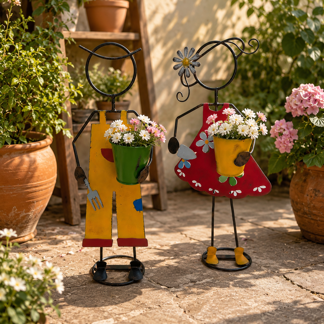 Fairy Tale Boy & Girl Vintage Distressed Painted Iron Planter Figurines – Outdoor Garden Decor