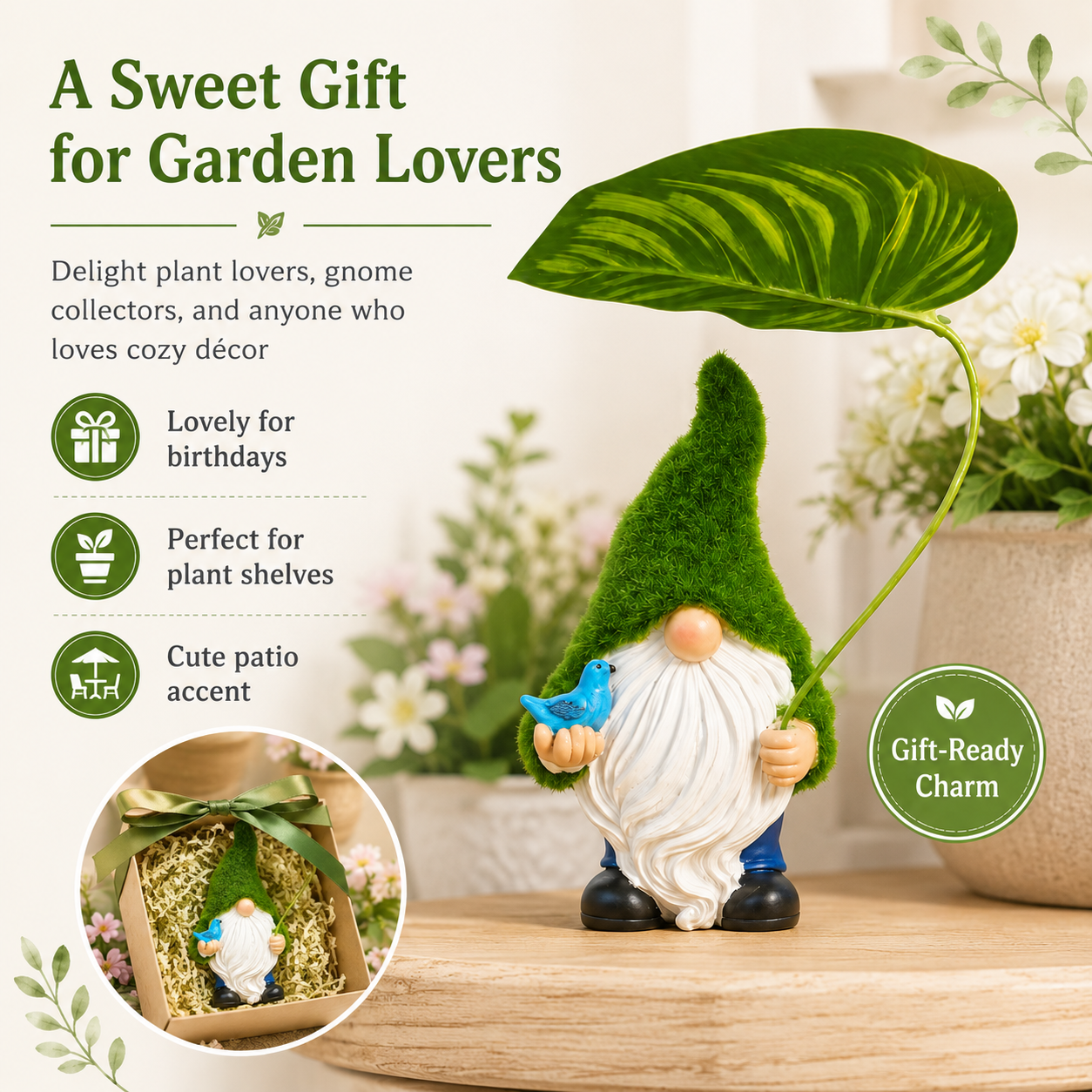 Mini Garden Gnome Figurine with Leaf Umbrella🍃