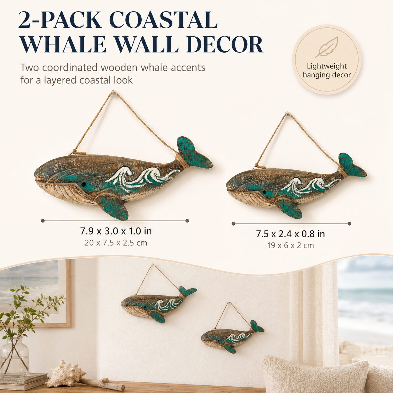 2-Pack Wooden Whale Wall Decor, Ocean Style Hanging Whale Ornaments🐋