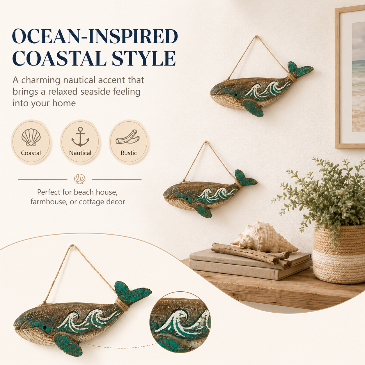 2-Pack Wooden Whale Wall Decor, Ocean Style Hanging Whale Ornaments🐋