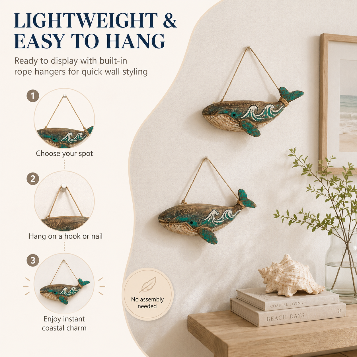 2-Pack Wooden Whale Wall Decor, Ocean Style Hanging Whale Ornaments🐋