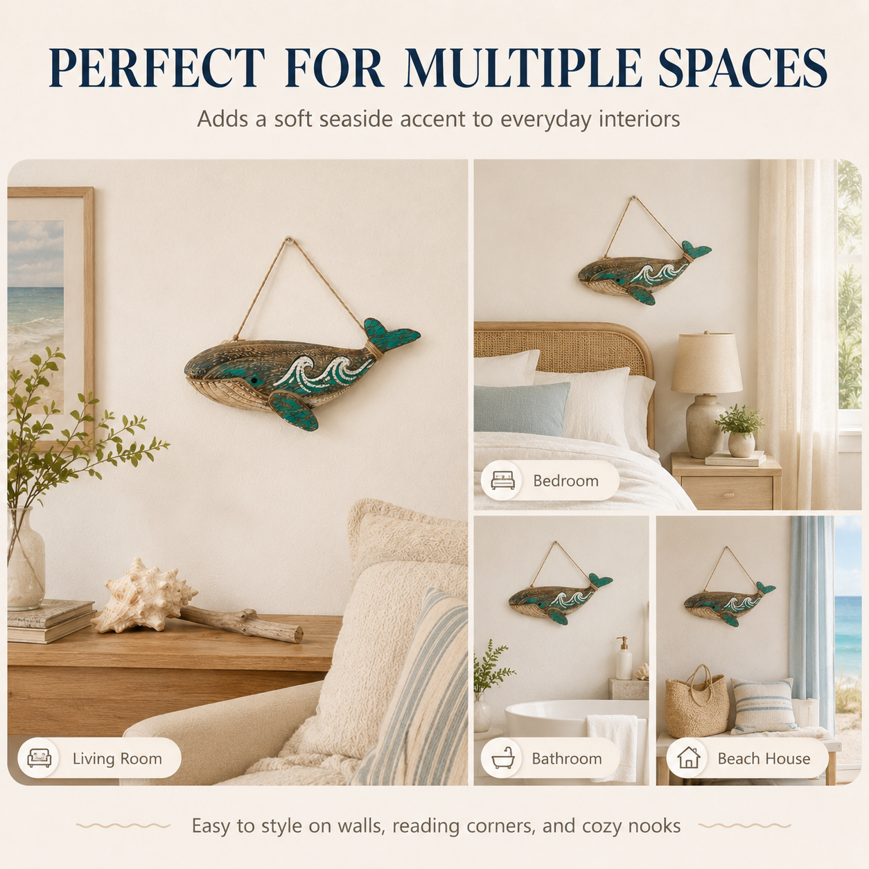 2-Pack Wooden Whale Wall Decor, Ocean Style Hanging Whale Ornaments🐋