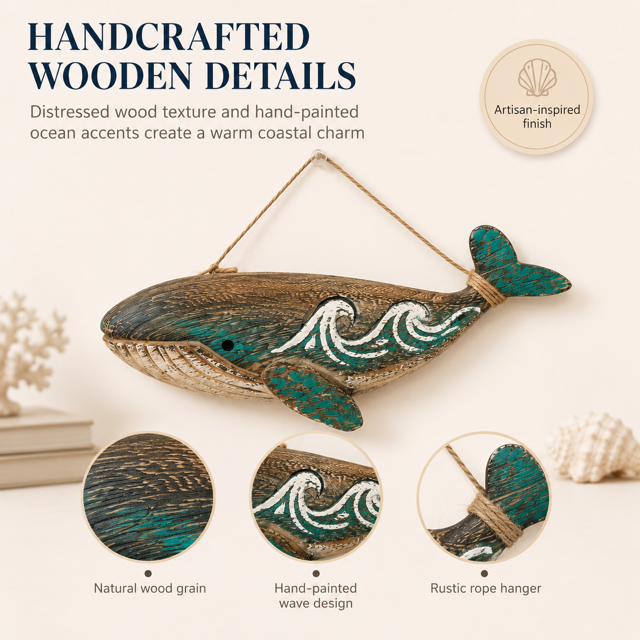 2-Pack Wooden Whale Wall Decor, Ocean Style Hanging Whale Ornaments🐋
