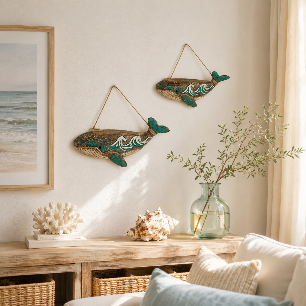 2-Pack Wooden Whale Wall Decor, Ocean Style Hanging Whale Ornaments🐋