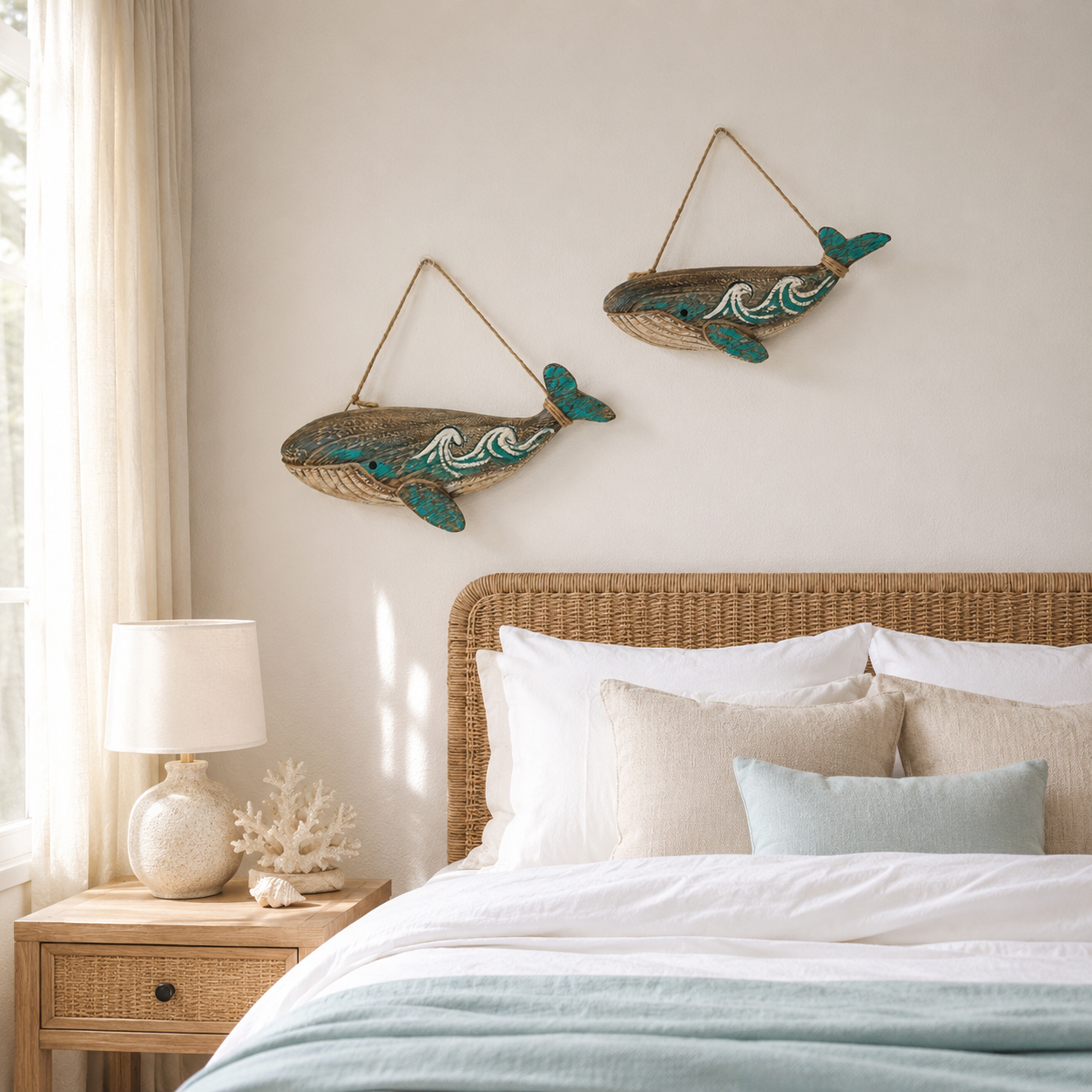 2-Pack Wooden Whale Wall Decor, Ocean Style Hanging Whale Ornaments🐋