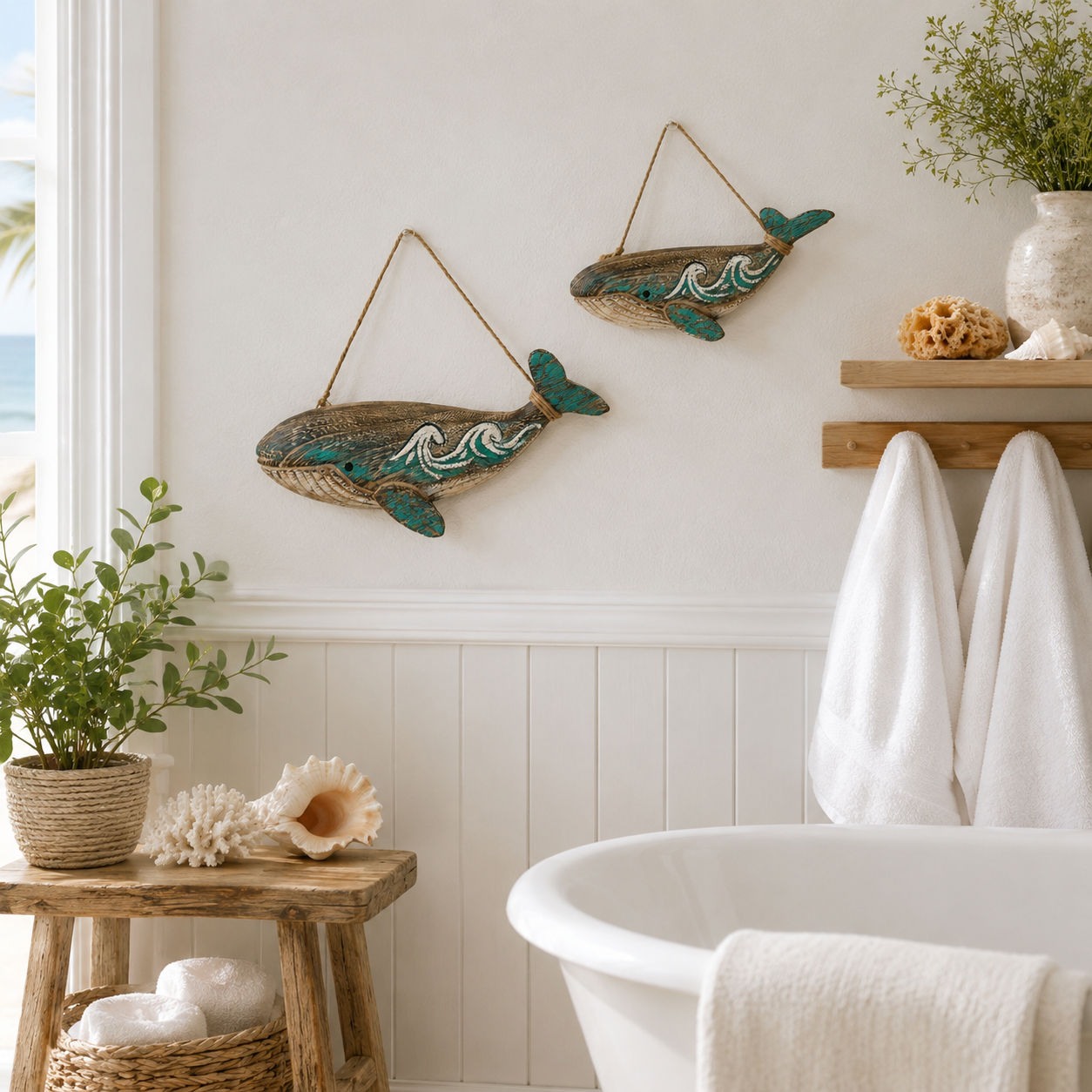 2-Pack Wooden Whale Wall Decor, Ocean Style Hanging Whale Ornaments🐋