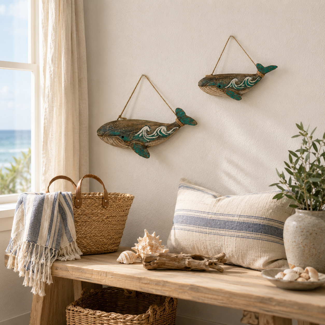 2-Pack Wooden Whale Wall Decor, Ocean Style Hanging Whale Ornaments🐋