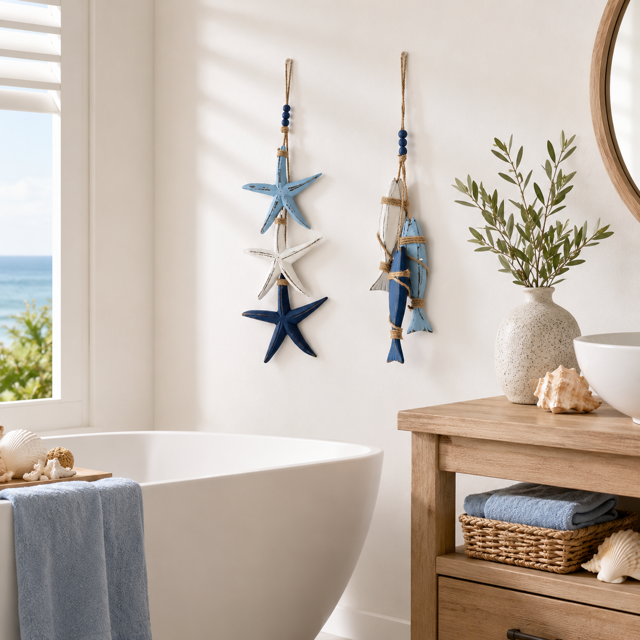 Coastal Wooden Starfish & Fish Hanging Decor, Nautical Wall Pendant with Jute Rope & Beads